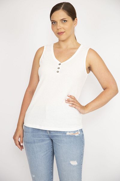 Şans Women's Bone Large Size V-Neck Front Ornamental Buttoned Camisole Fabric Tank Top 65n36552