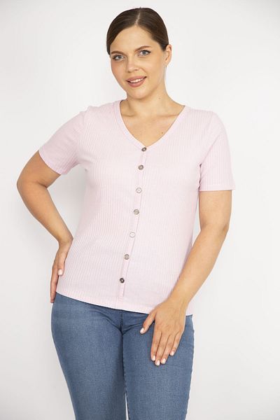 Şans Damska różowa, plus size, dekolt w kształcie litery V, z przodu, ozdobna, zapinana na guziki, materiałowa bluzka z krótkim rękawem 65n36550
