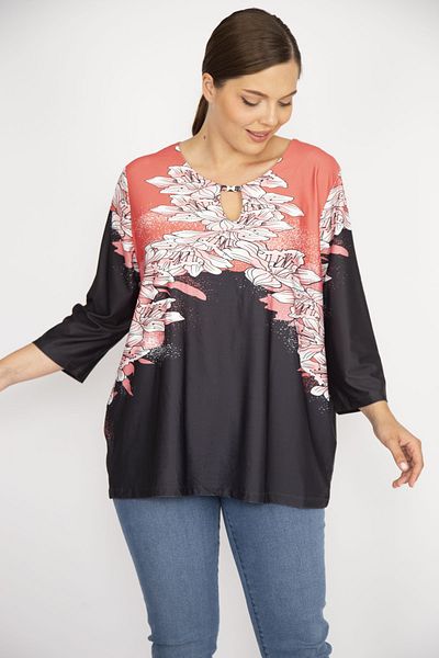 Şans Women's Colorful Kiss Collar Stone Detailed Capri Sleeve Blouse 65n36538