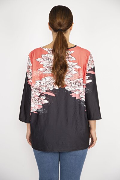 Şans Women's Colorful Kiss Collar Stone Detailed Capri Sleeve Blouse 65n36538