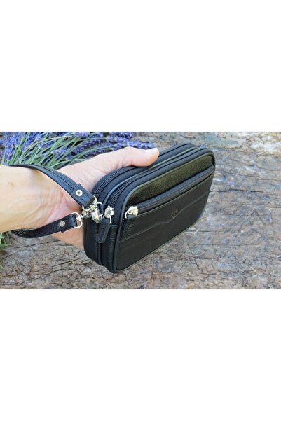 MÇ DERİ حقيبة رجالية من الجلد الطبيعي بثلاثة أقسام مع حزام وحزام للرسغ 100% م...