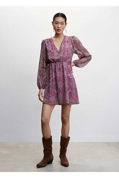 MANGO Woman Düğmeli Şal Desenli Elbise