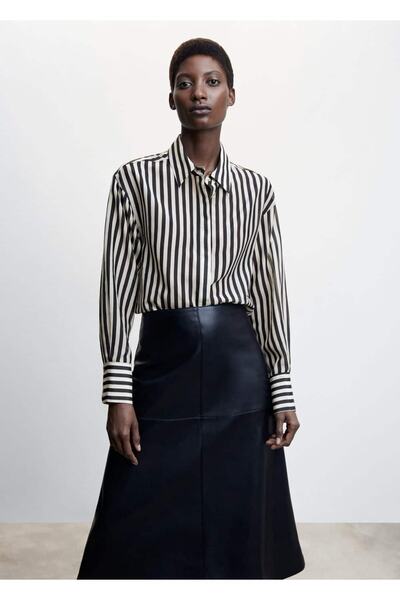 MANGO Woman Çizgili Pamuklu Oversize Gömlek