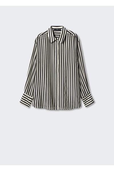 MANGO Woman Çizgili Pamuklu Oversize Gömlek