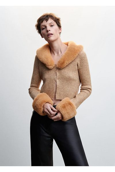 MANGO Woman Faux Fur Collar Cardigan