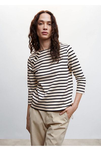 MANGO Woman Buttoned Striped T-Shirt