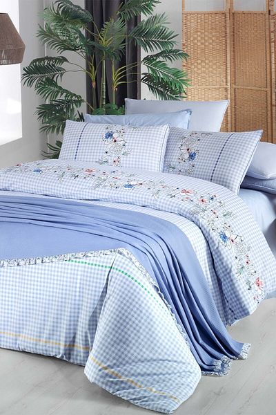 Sarev Eva Bella Blue Double 100% Cotton Duvet Cover Set and Pique Set