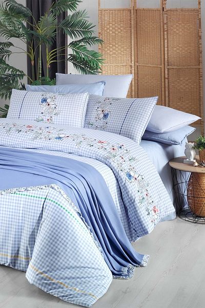 Sarev Eva Bella Blue Double 100% Cotton Duvet Cover Set and Pique Set