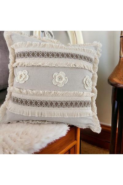 NDC HOME Linen Cream Throw Pillow with Thick Lace Tassels and Motifs (43 x 43)