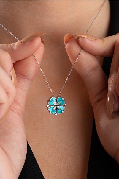 Nereze 925 Ayar Gümüş Mıknatıslı Ayrılabilir Su Yeşili Mineli 4 Kalpli Yonca Kolye