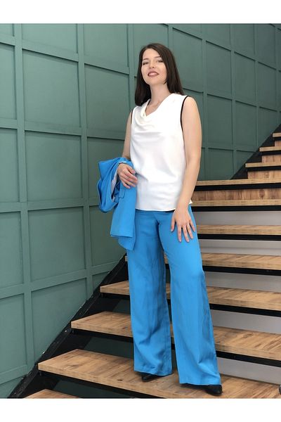 AYHAN Pantaloni turcoaz de damă cu talie înaltă