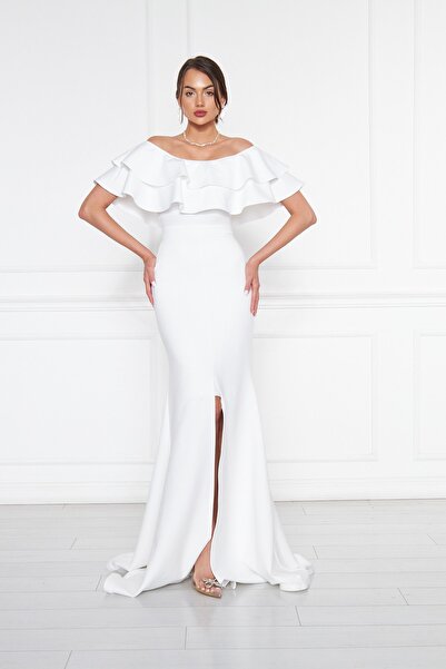 NO48 Beyaz Kayık Yaka Fırfır Detay Esnek Kumaş Düşük Omuz Maxi Boy Abiye Balık Elbise