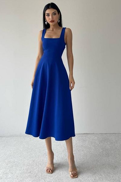 Secret Passion Lingerie Saks kék atlasz szövet négyzet alakú nyakú Midi hosszú kiszélesedő szabású Saks kék ruha 151