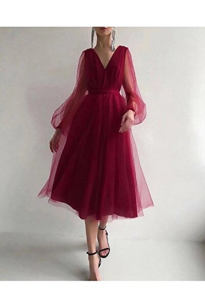 twomeey Rochie de damă din tul, culoare burgundă, cu căptușeală interioară