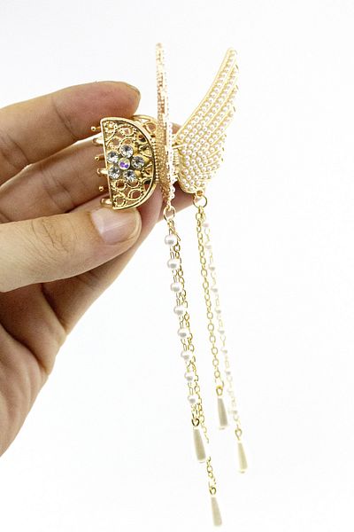 Nera Classy Pearl Chain Dangle Latch Buckle, Winged Pearl Buckle Stainless 1 Piece