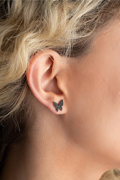 Nereze 925 Ayar Gümüş Minik Siyah Taşlı Kelebek Küpe