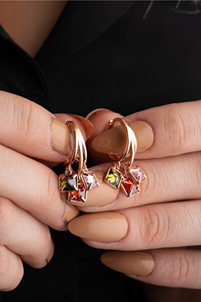 Nereze 925 Ayar Gümüş Rose Mix 3 Taşlı Halka Küpe