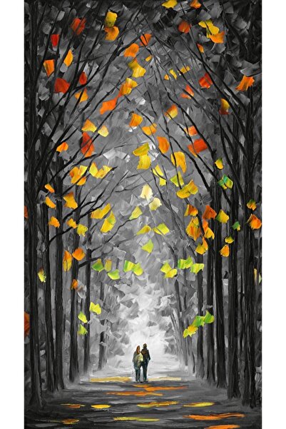 Tablo Deposu Fallen Leaves and Walking Couple Canvas Smiley Painting