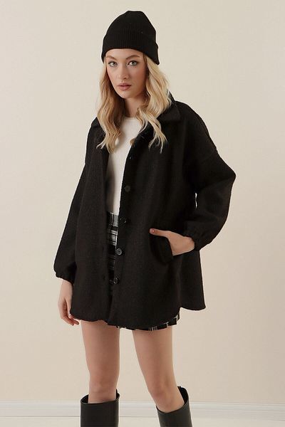 hazelin Women's Black Pocket Button Closure Oversize Boucle Jacket Hzl23w-bd106751