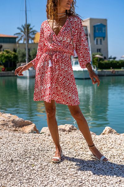 Güneşkızı Women's Red-White Waist Gathered Double Breasted Flared Dress GK-BST3155