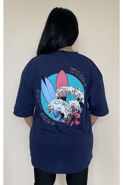 Butik Nilyam Large Size Women's T-Shirt Wave Printed 21021 Navy