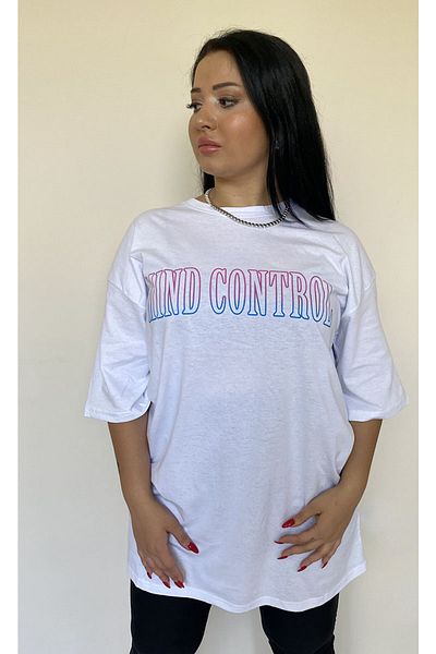Butik Nilyam Plus Size Women's T-Shirt MIND CONTROL Printed 21023 White