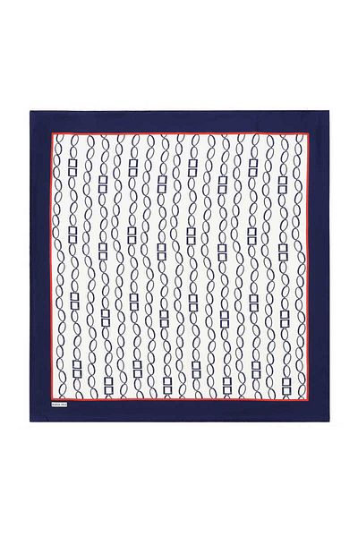 Bursa İpek Ecru Navy Blue Chain Pattern Twill Silk Scarf