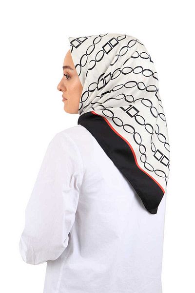 Bursa İpek Ecru Black Chain Pattern Twill Silk Scarf