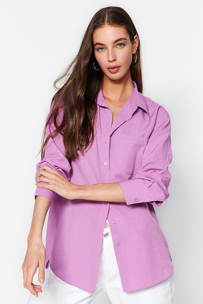 Trendyol Collection Sötétrózsa egyzsebű barát/széles szabású pamut szőtt ing TWOAW20GO0115
