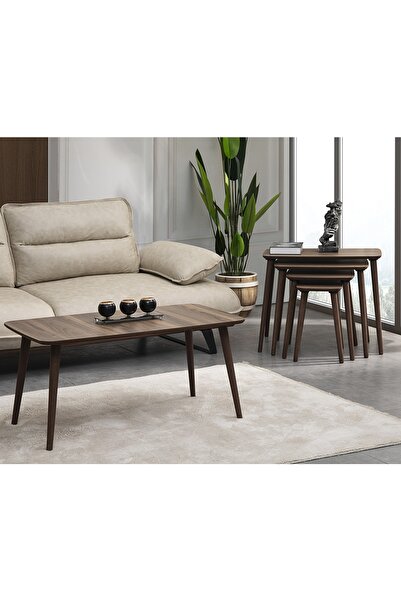 vovvahome LUCİ 4LÜ DÖRTLÜ MDF AHŞAP ZİGON SEHPA VE ORTA SEHPA SETİ - CEVİZ