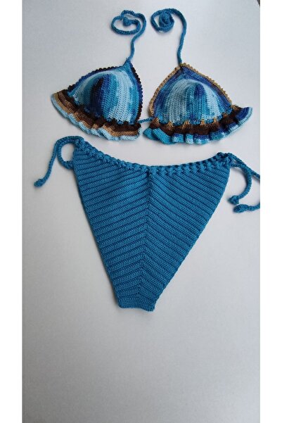 Kadın Mavi Bağlamalı Özel Tasarımlı Şık Bikini Takımı