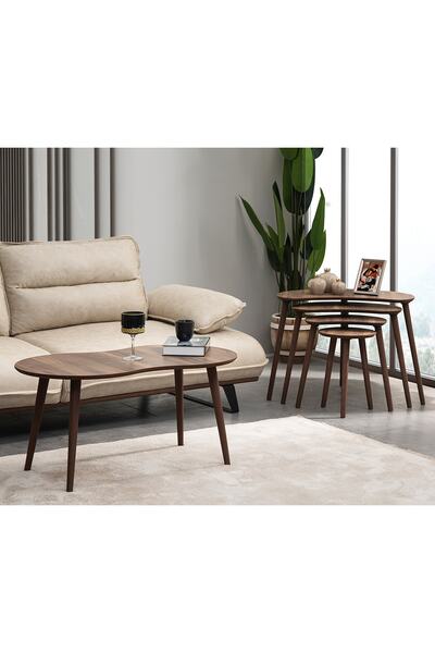 vovvahome MOON 4LÜ DÖRTLÜ MDF AHŞAP ZİGON SEHPA VE ORTA SEHPA SETİ - CEVİZ
