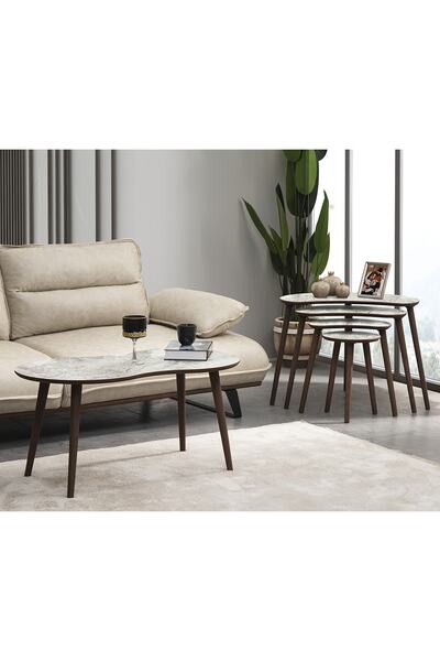 vovvahome MOON 4LÜ DÖRTLÜ MDF AHŞAP ZİGON SEHPA VE ORTA SEHPA SETİ - BEYAZ ME...