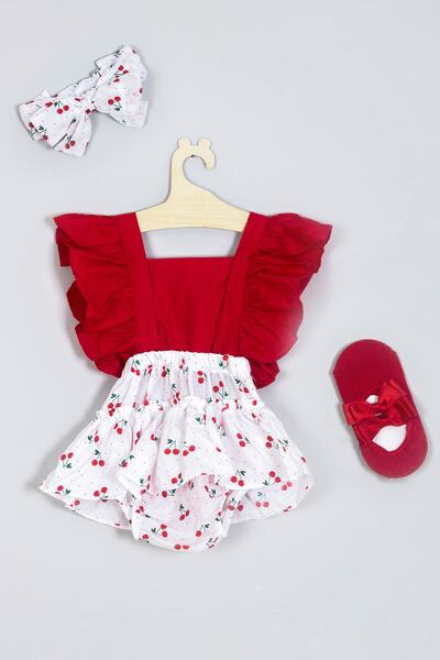 ADABEBEK Fırfırlı Kiraz Desenli Babet Çorap Set