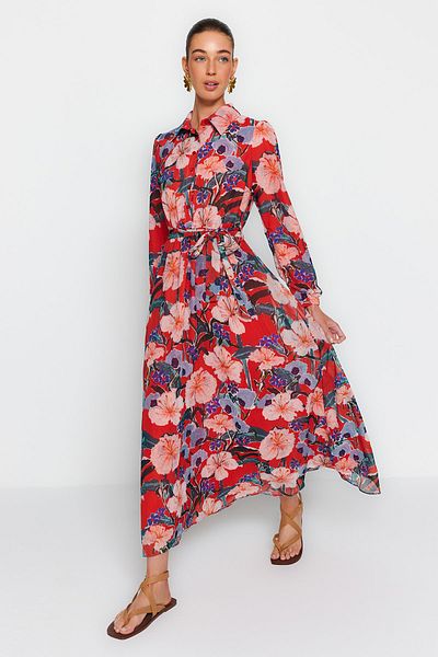 Trendyol Modest Πολύχρωμο πουκάμισο με φλοράλ στάμπα γιακά με ζώνη υφασμένο φόρεμα από σιφόν TCTSS22EB0035