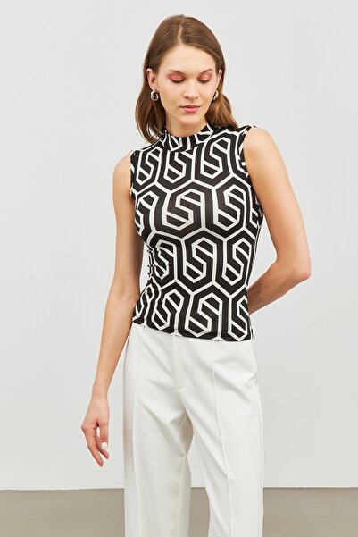 woreys Siyah Dik Geometrik Desenli Kolsuz Body