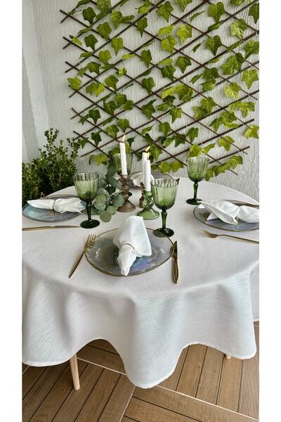 Decamor home Linen Textured Pearlescent Glitter White Round Tablecloth (Napkin Not Included)