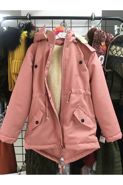 günce moda Children's Winter Canvas Fabric Drawstring Above Knee Fur Hooded Coat