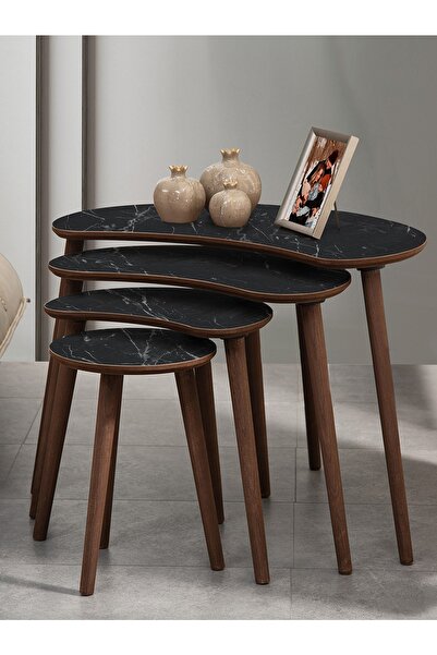 vovvahome Moon 4lü Dörtlü Mdf Ahşap Zigon Sehpa - Siyah Mermer Desenli