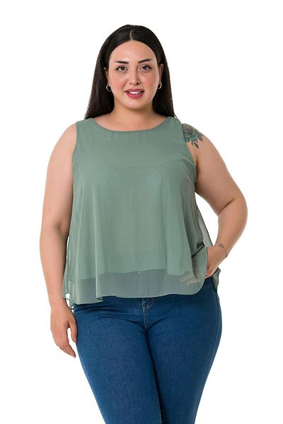 DISENTIS MODEST Plus Size Chiffon Water Green Blouse with Back Tie Detail