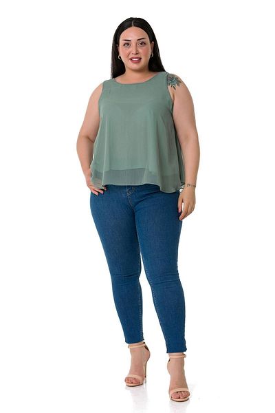 DISENTIS MODEST Plus Size Chiffon Water Green Blouse with Back Tie Detail
