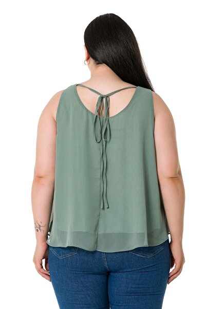 DISENTIS MODEST Σιφόν Νεροπράσινη Μπλούζα Plus Size με Λεπτομέρεια γραβάτας στην πλάτη