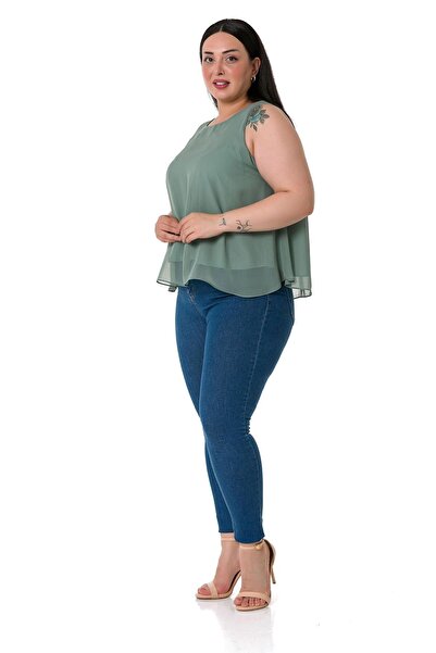 DISENTIS MODEST Σιφόν Νεροπράσινη Μπλούζα Plus Size με Λεπτομέρεια γραβάτας στην πλάτη