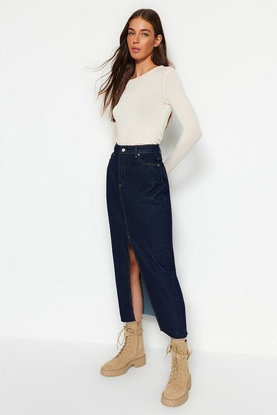 Trendyol Collection Nachhaltiger dunkelblauer Maxirock aus Denim mit Schlitz TWOSS23ET00290