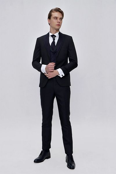Morven Men's Navy Blue Santos Collar Slim Fit Groom Suit