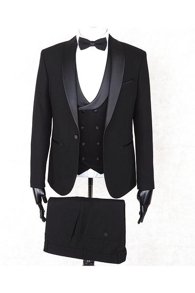 Jan Carlucci Slimfit Black Shawl Collar Groom Suit Jacket - Vest - Pants - Shirt - Bow Tie
