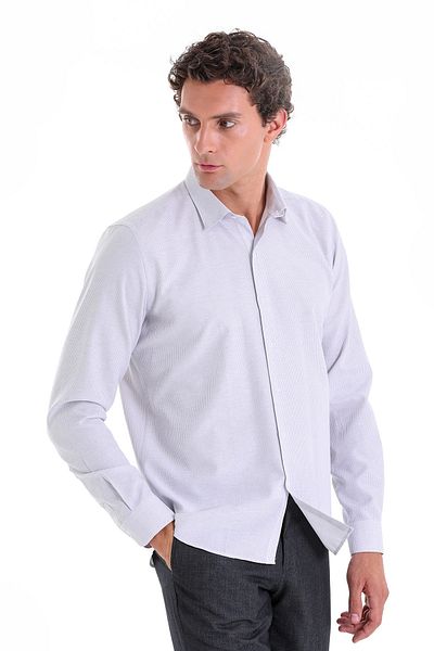 Hatemoğlu Γκρι Comfort Fit ριγέ βαμβακερό μακρυμάνικο πουκάμισο με λεπτή λαιμόκοψη