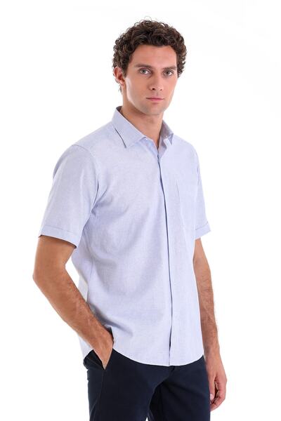 Hatemoğlu Navy Blue Comfort Fit Checkered Cotton Slim Collar Short Sleeve Classic Shirt