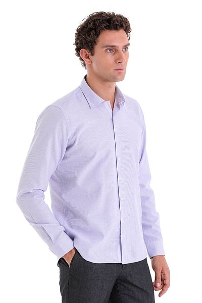 Hatemoğlu Λιλά Comfort Fit ριγέ βαμβακερό μακρυμάνικο πουκάμισο με λεπτό γιακά