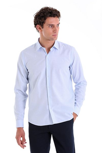 Hatemoğlu Μπλε Comfort Fit ριγέ βαμβακερό μακρυμάνικο πουκάμισο με λεπτή λαιμόκοψη